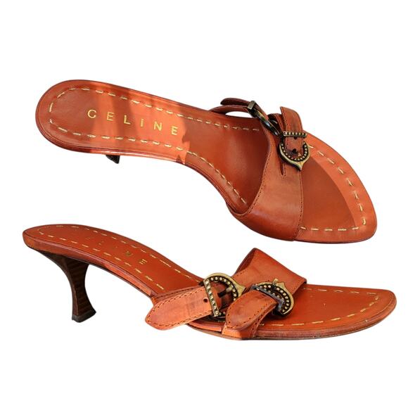 Celine Orange Kitten Heel Mules Buckle Detail Gold Stitching - Size 36.5 - Picture 2 of 9